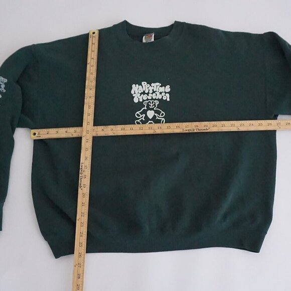 90s Fruit Of The Loom Green Happy Time Preschool Puff Print Crewneck Sweater 2XL - Picture 3 of 9